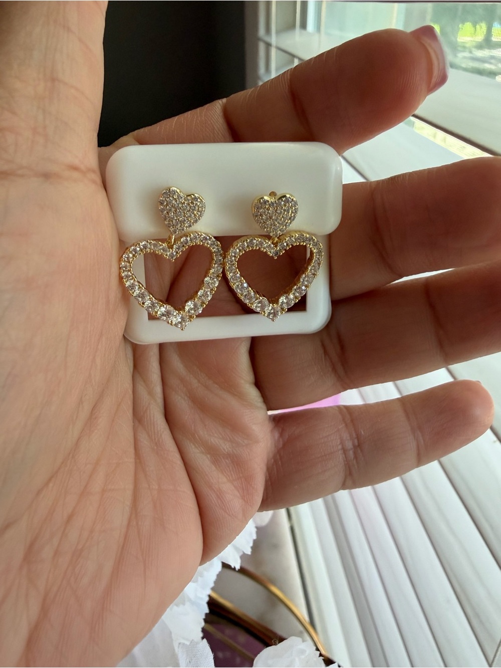 Gold Heart Drop Earrings with Clear Crystals - Women Jewelry - Picture 3 of 4